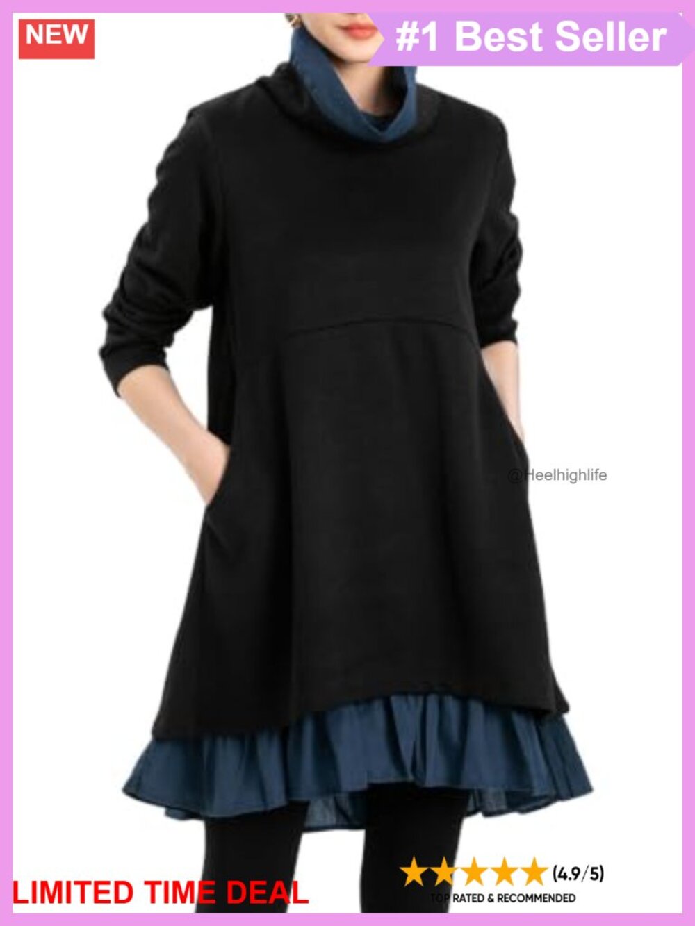Oversized Sweatshirt Dress Turtleneck Long Sleeve Tunic with Pockets